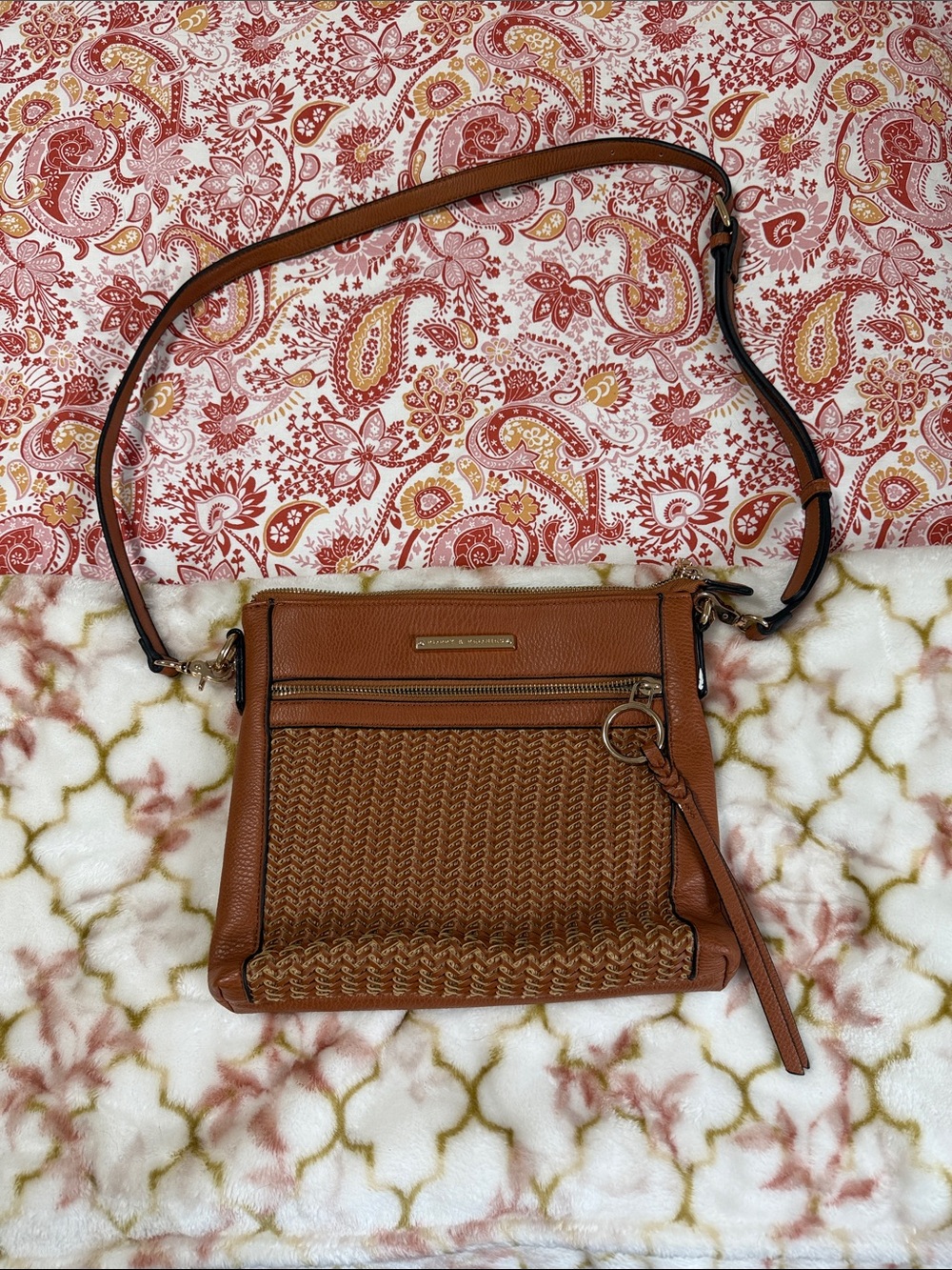 Poppy & Peonies Brown Woven Crossbody Bag